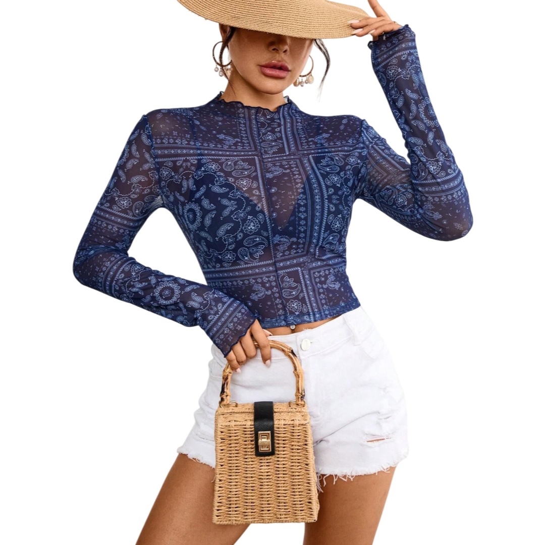 Womens Sheer Mesh T-shirt Long Sleeve Paisley Print Slim Short Tops